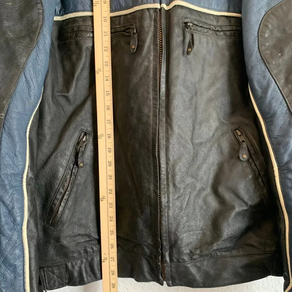 VTG Bikers Dream Mens 2XL Sz 54 Leather Jacket Motorcycle Coat Blue Racer Zip Up